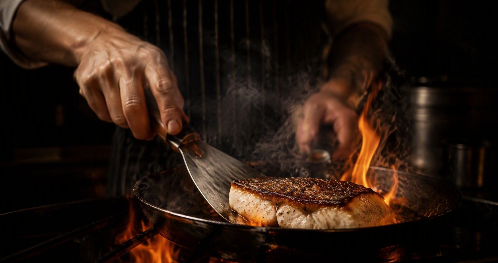 Senior chef searing over open flame at a chef's table counter dinner in Cape Town