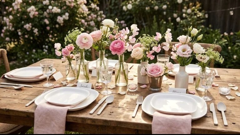 Styled celebration brunch table with flowers and cocktails in morning light