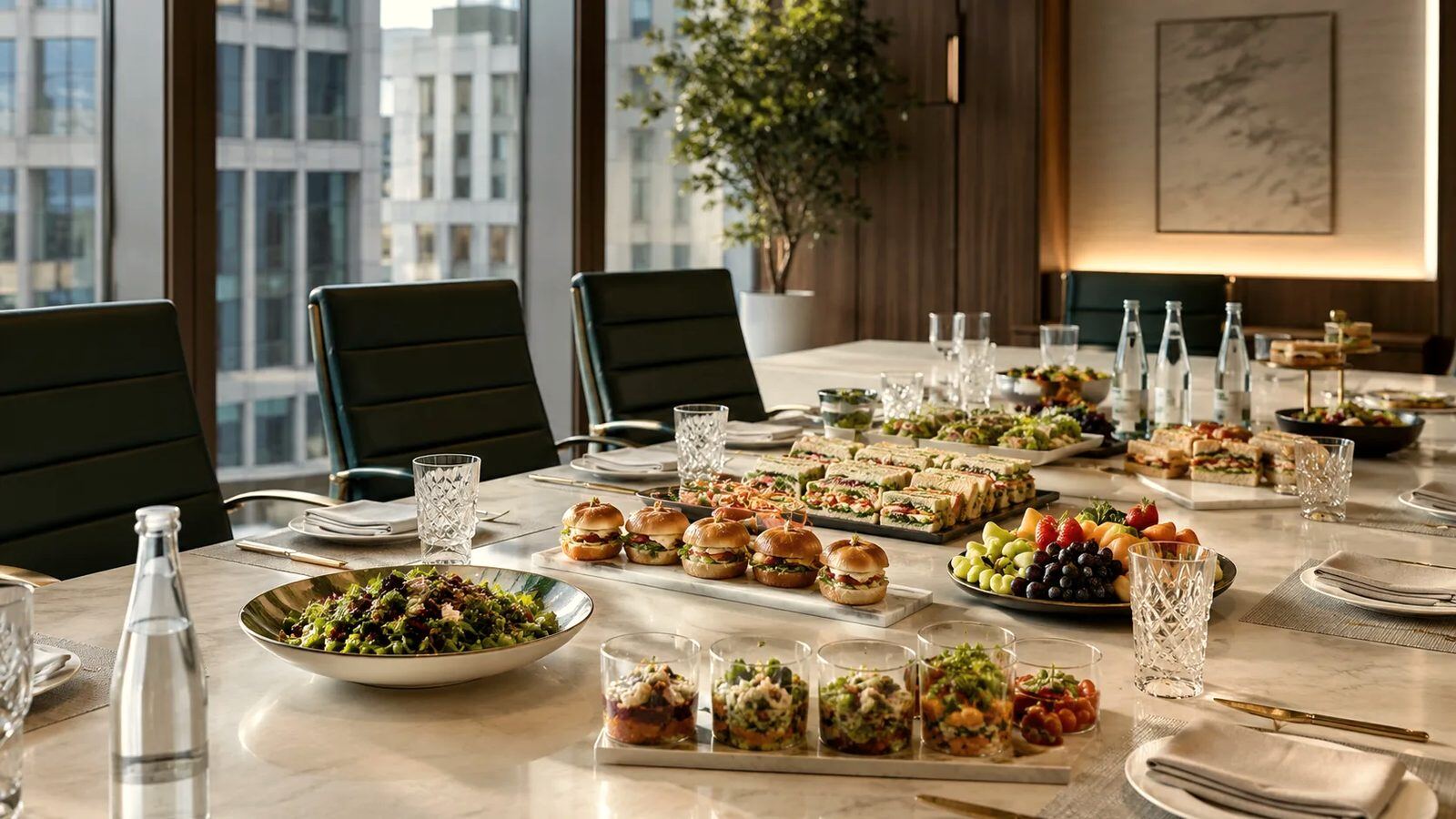 Plated lunch service laid out in a modern boardroom with natural window light — myCHEF Cape Town