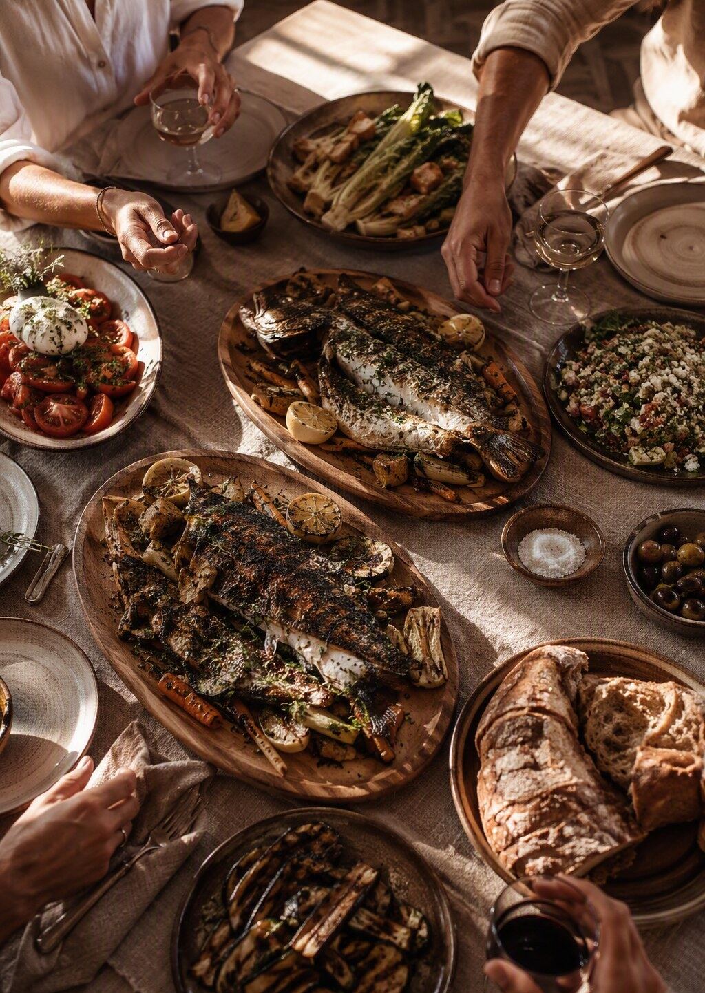 Overhead shot of a family-style shared table with generous platters on ivory linen