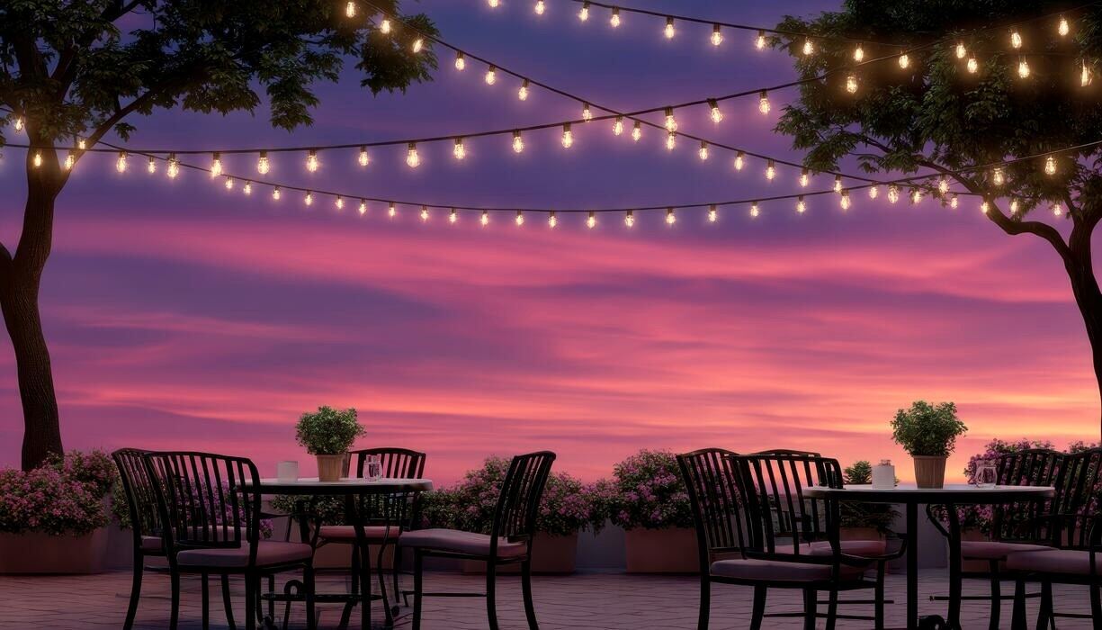 Long summer-evening dinner table under string lights at dusk