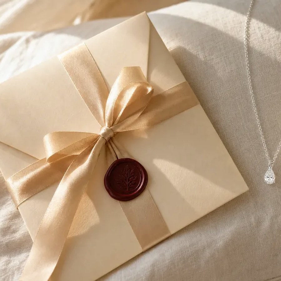 Wax-sealed gift voucher envelope styled on ivory linen