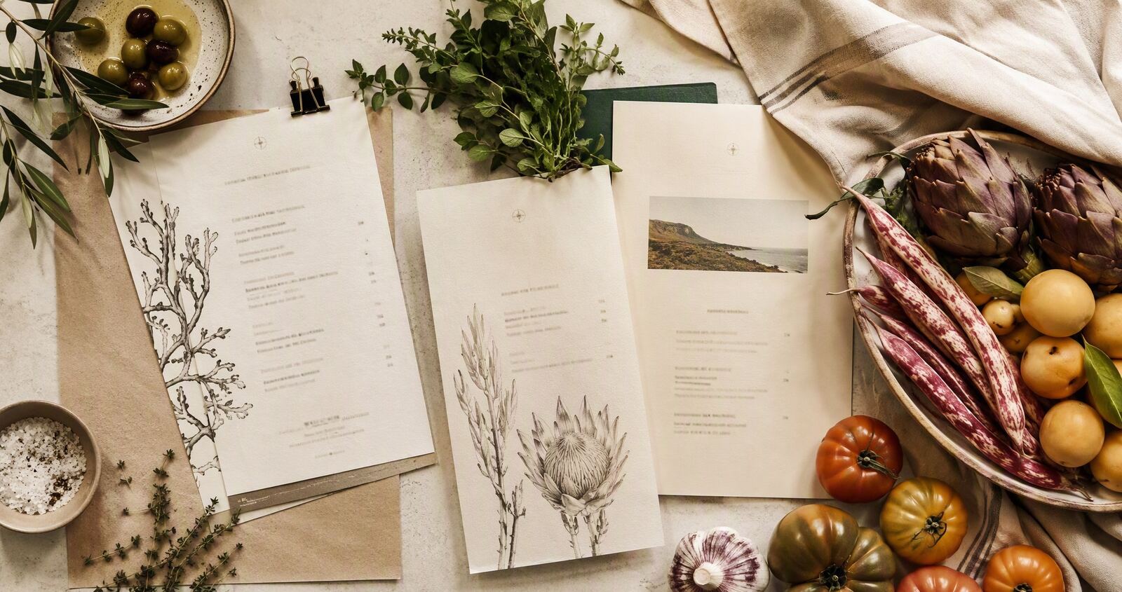 Editorial flat-lay of menu pages, market produce and notes on ivory paper