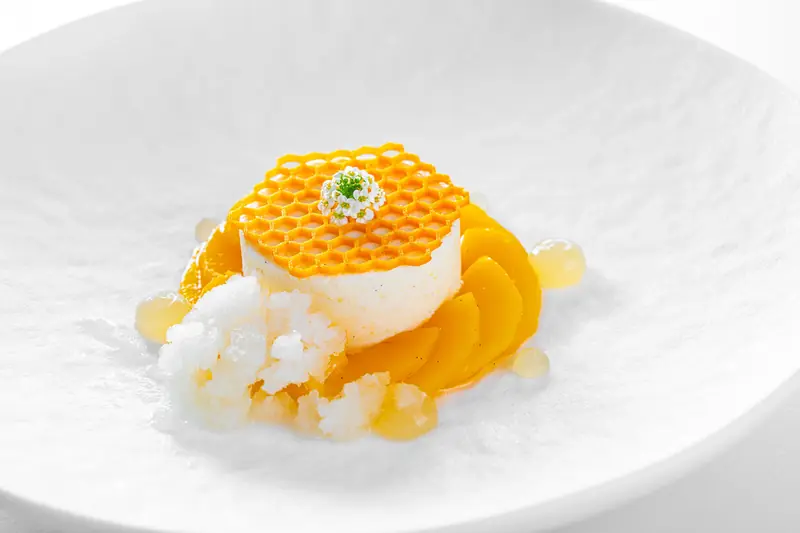 Dessert with a honeycomb-pattern tuile, cream, orange fruit slices and crumble by myCHEF Cape Town