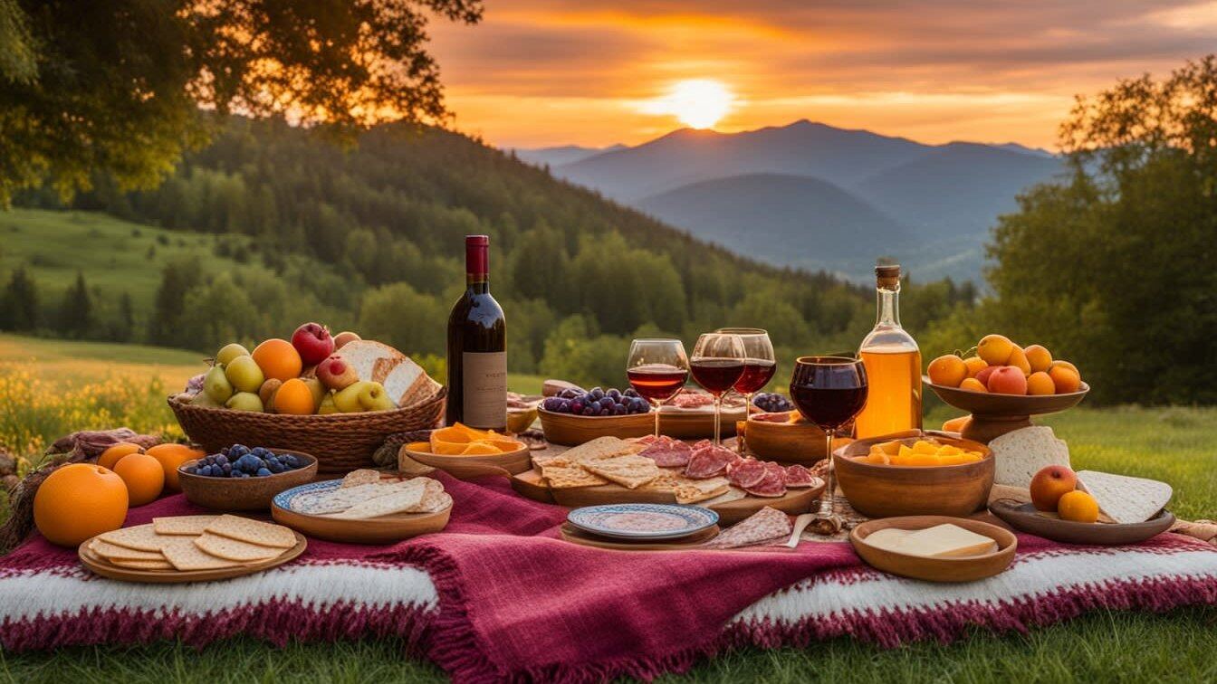 Gourmet picnic spread on a lawn with mountain slopes at sunset