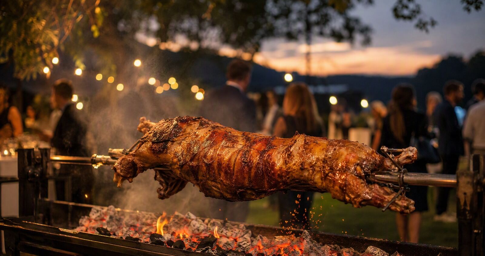 Whole lamb turning on a spit over coals at an outdoor event at dusk