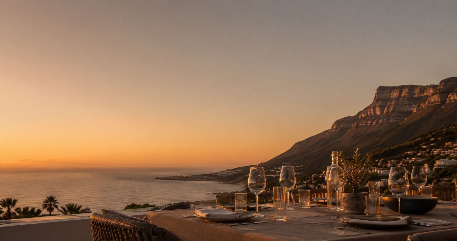 A private dinner table set for sunset at a Camps Bay villa